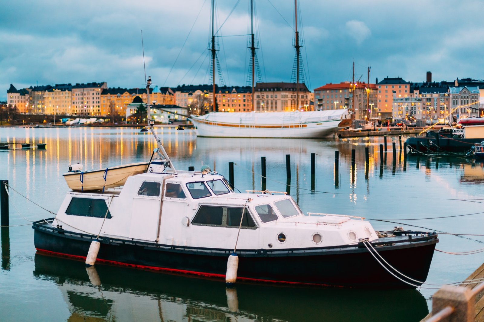 Helsinki, Finland. Marine Boat, Powerboat In Evening Illuminatio